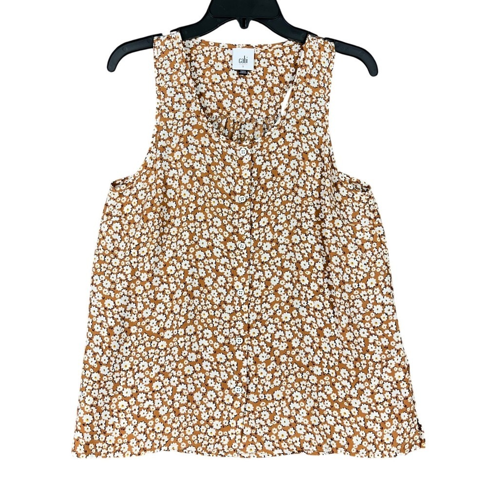 Cabi Daisy Delight Tank Top Floral Button Front Sleeveless Blouse Tan S Womens